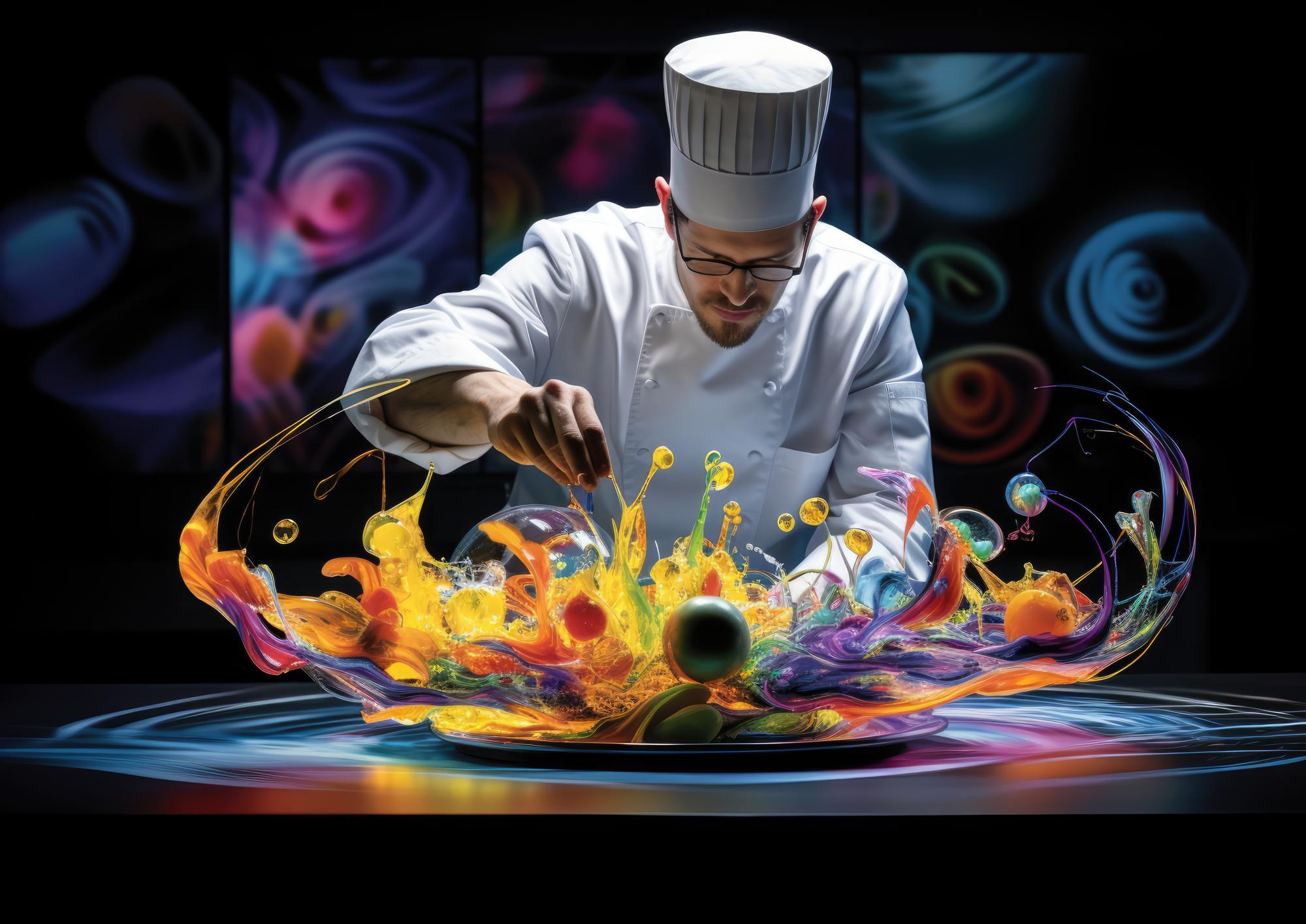 Chef demonstrating plating technique with LED backdrop